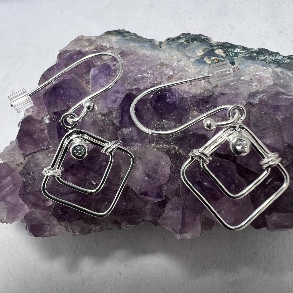 Avon‎ Sterling Silver CZ Plaza Earrings Geometric Square Wire Wrap Drop Dangle